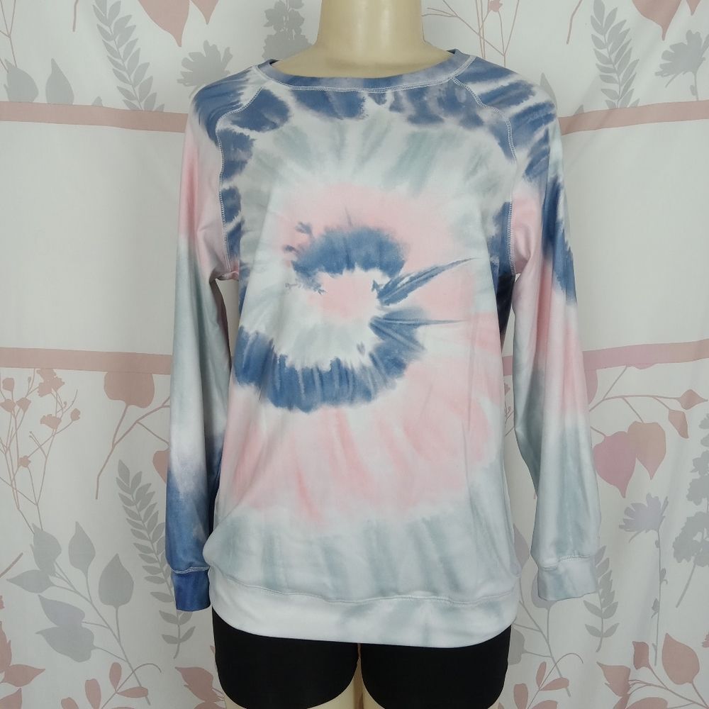 Women Pastel Swirl Tie Dye Long Sleeve SweatShirt Pink/Blue Sz Small